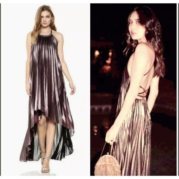 NWT BCBGMAXAZRIA S/P/C VALERIE METALLIC HALTER GOWN DRESS ROSE GOLD COMBO - Picture 2 of 4